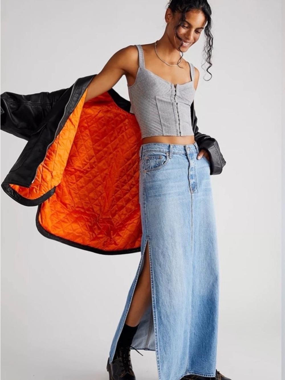 MOTHER Light Blue Denim Maxi Skirt with Side Slit
